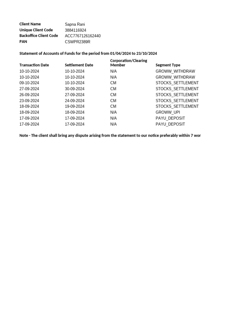 Client Statement of Accounts 2024 | PDF | Receipt | Debits And Credits