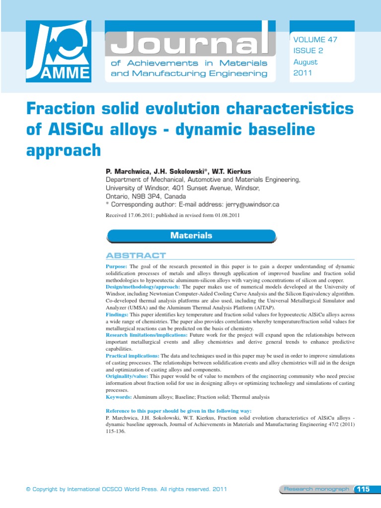 Fraction Solid Evolution Characteristics of Alsicu Alloys - Dynamic ...