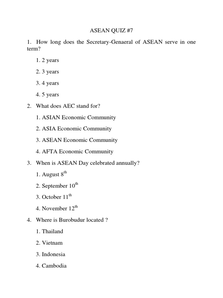 ASEAN Corner Quiz 7 | PDF | Travel