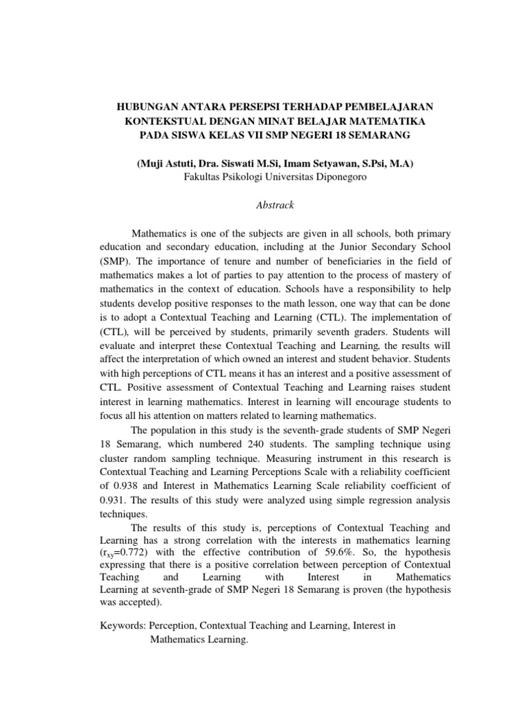 Perception of Contextual Learning and Math Interest | PDF | Career ...