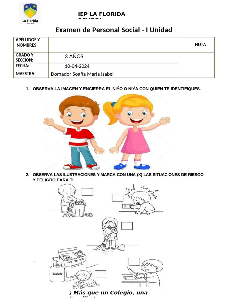Examen de Personal Social - 3 Años | PDF