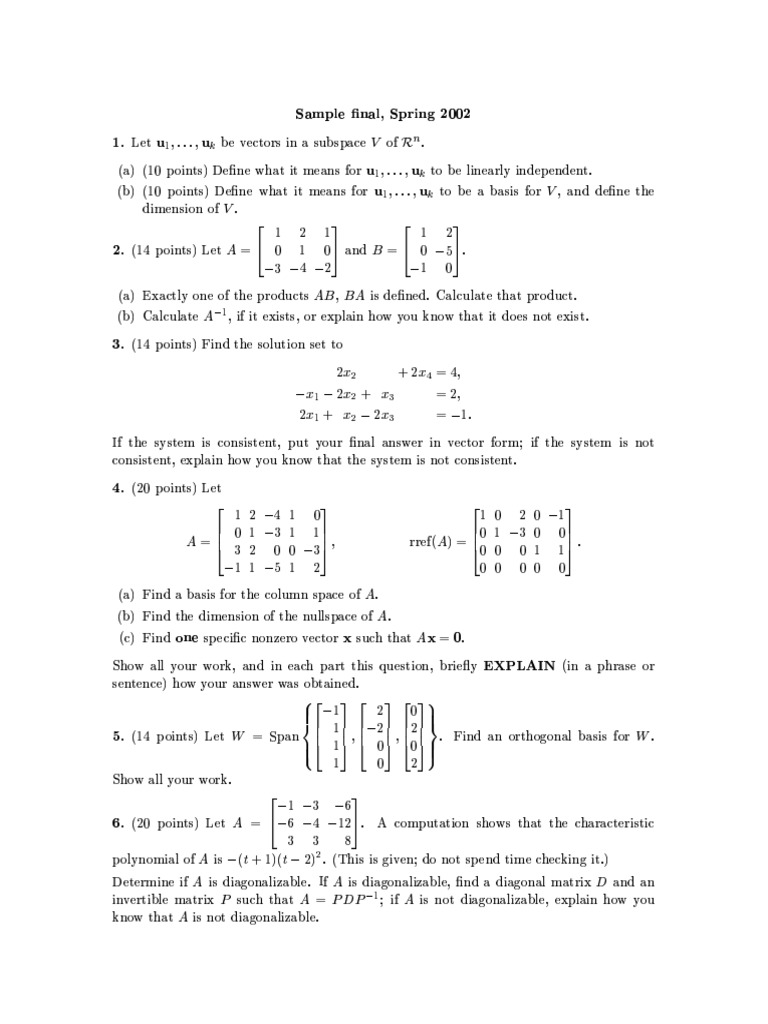 Linear Algebra Sjsu Sample 4 | PDF