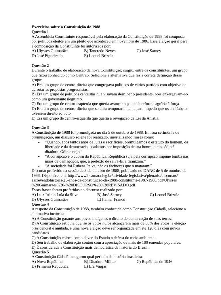 Exercícios sobre a Constituição de 1988 | PDF | Brasil | Luiz Inácio ...