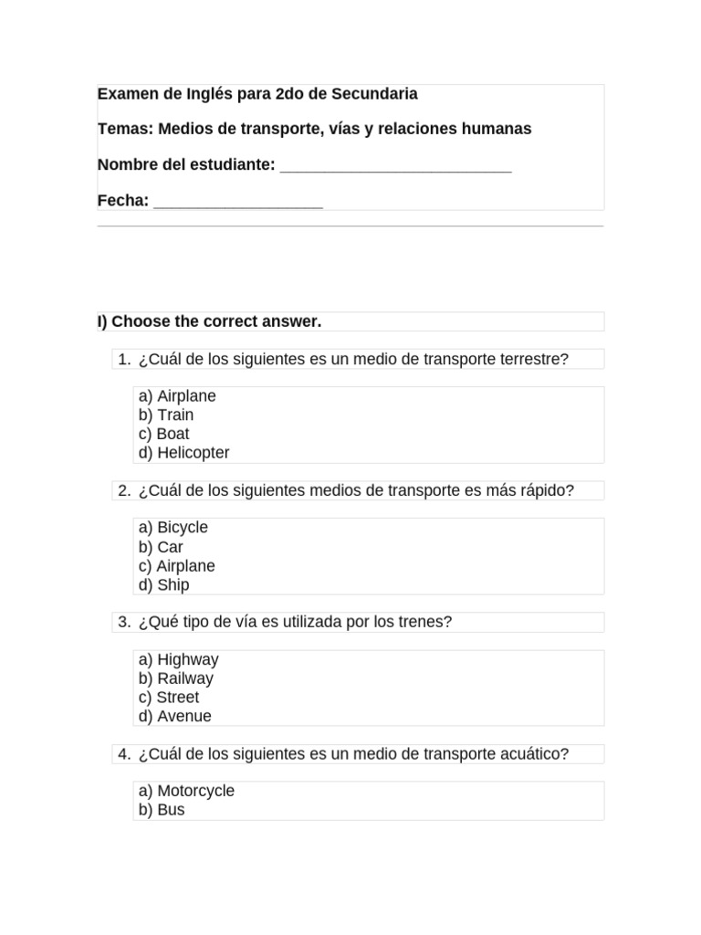 BORRADOR Examen de Inglés para 2do de Secundaria | PDF
