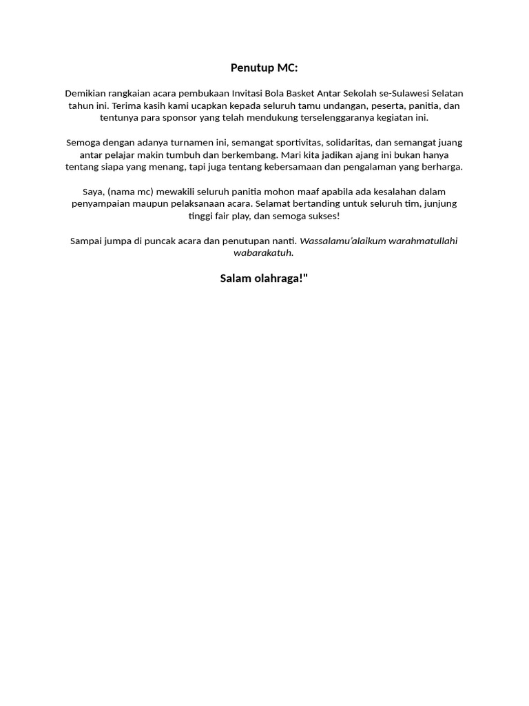 Penutupan MC Turnamen Bola Basket | PDF