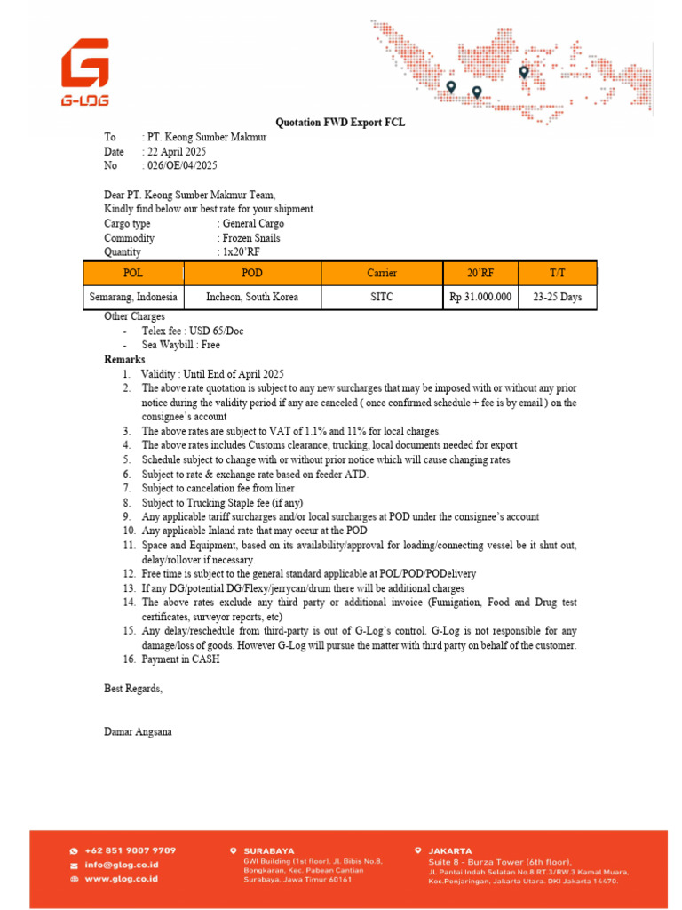 041 Quotation FCL 20'RF - PT - Keong Sumber Makmur | PDF