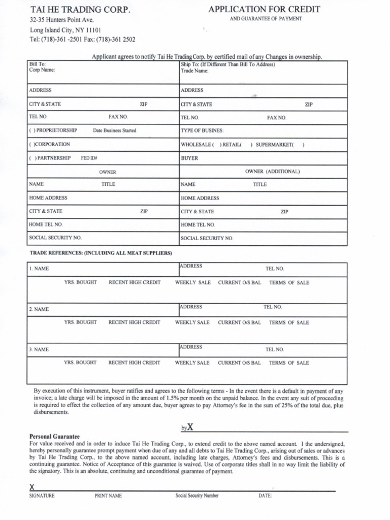 Tai He New Clients Credit Form | PDF