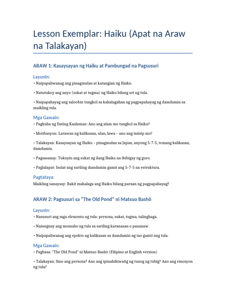 Lesson Exemplar Haiku 4 Days | PDF
