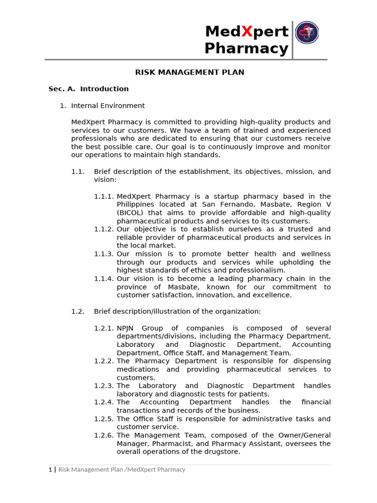 MedXpert Pharmacy Risk Management Plan | PDF | Risk Management | Pharmacy