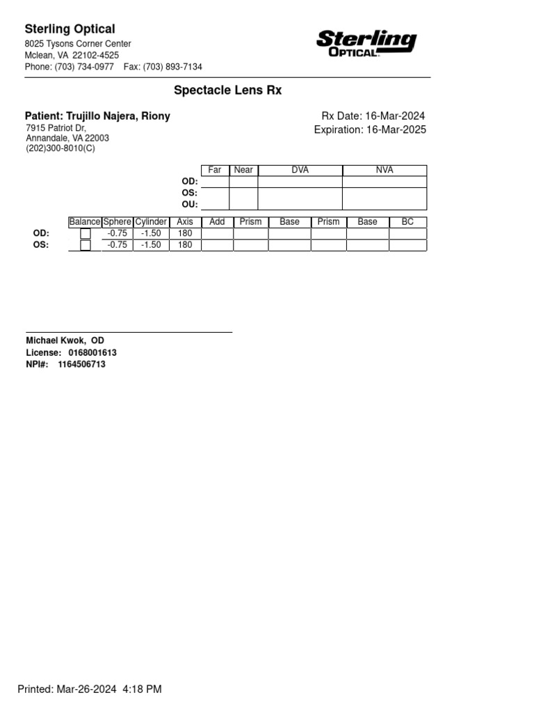 Sterling Optical: Patient: Trujillo Najera, Riony | PDF