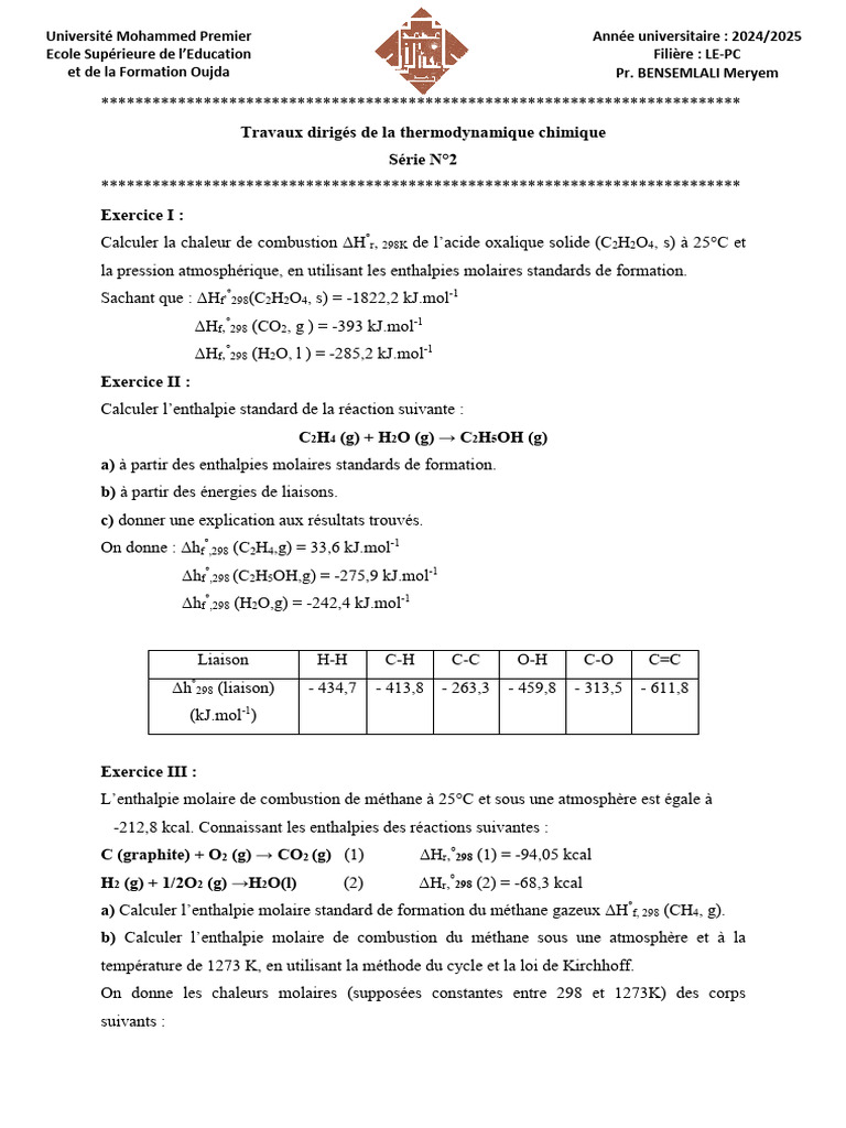Enthalpie Molaire et Combustion | PDF | Chaleur | Enthalpie