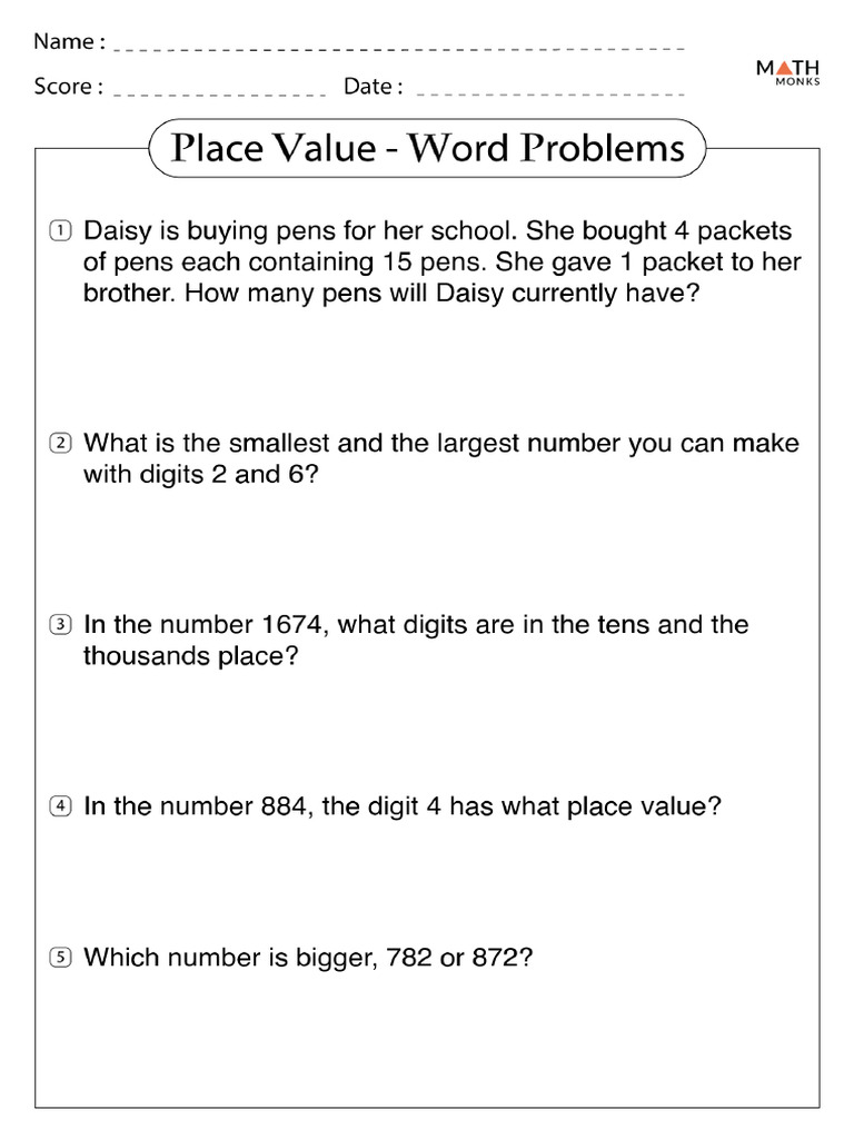 3rd Grade Place Value Word Problems Worksheets | PDF