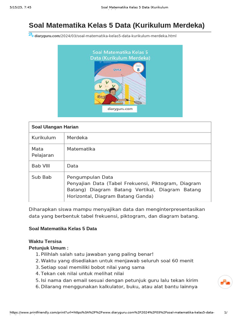 Soal Matematika Kelas 5 Kurikulum Merdeka | PDF