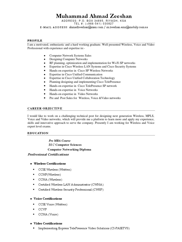 AhmadZeeshan_CV | Cisco Certifications | Wi Fi