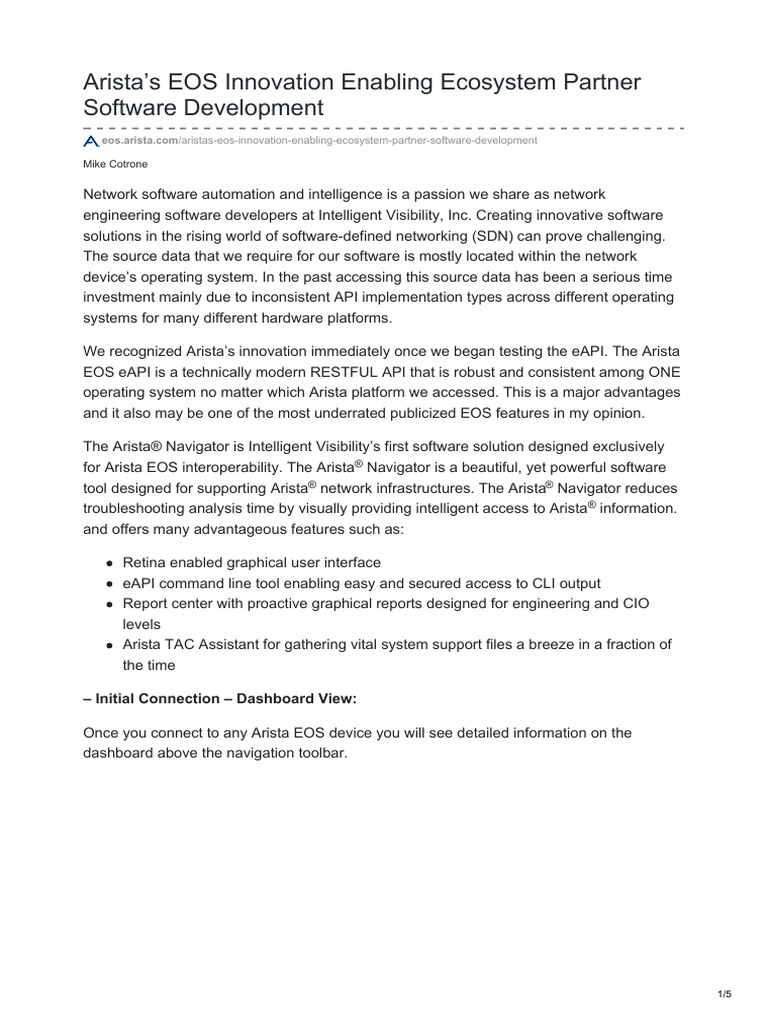Aristas EOS Innovation Enabling Ecosystem Partner Software Development ...