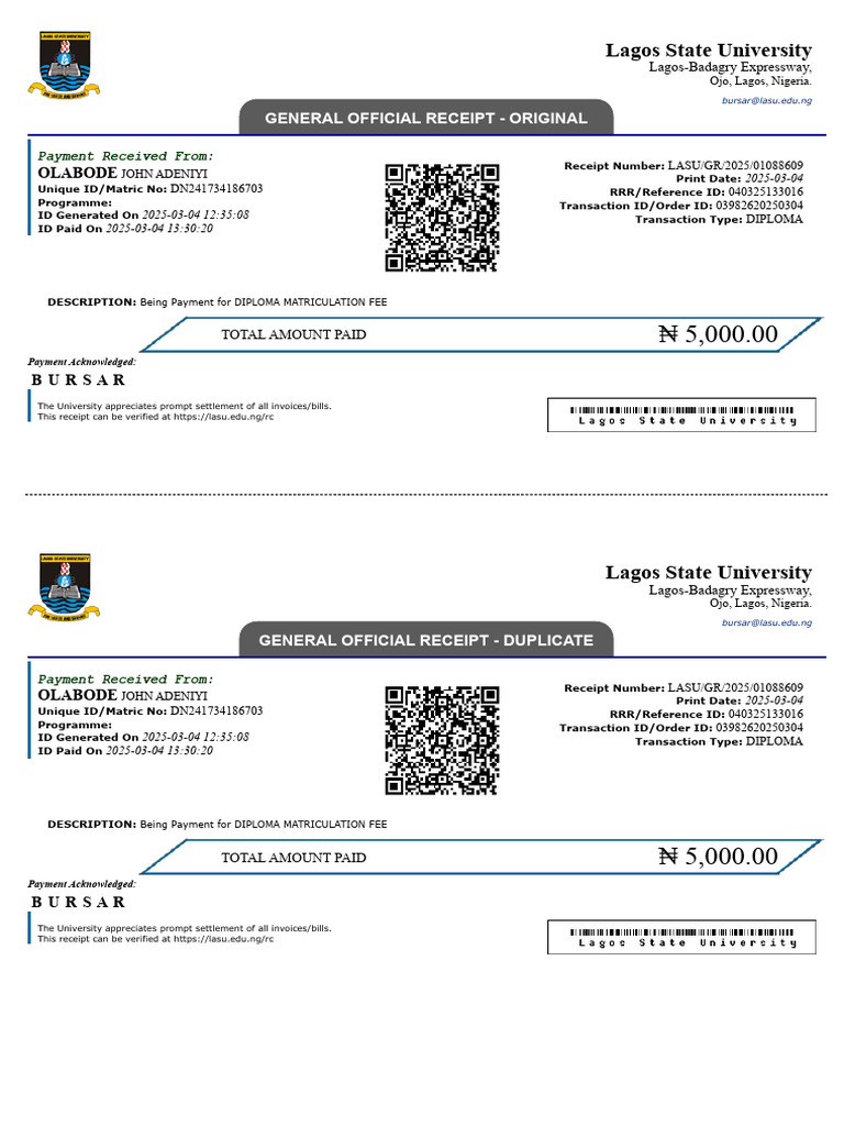 Olabode John - Payment For Diploma Matriculation Fee | PDF | Receipt ...