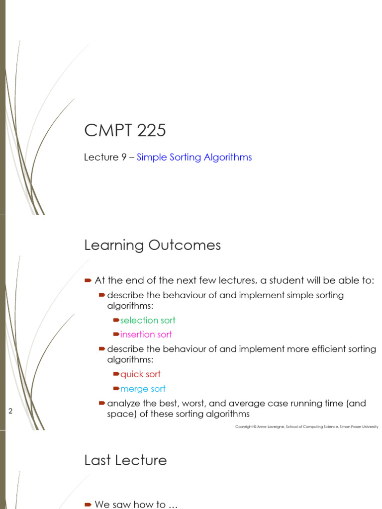 Lecture 9 Simple Sorting Algorithms Pdf Computer Science