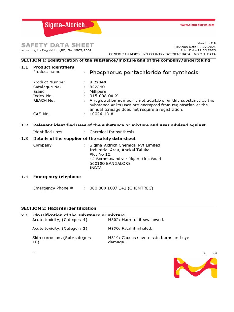 Picture of Safety Data Sheet for Phosphorus Pentachloride | PDF | Toxicity ...