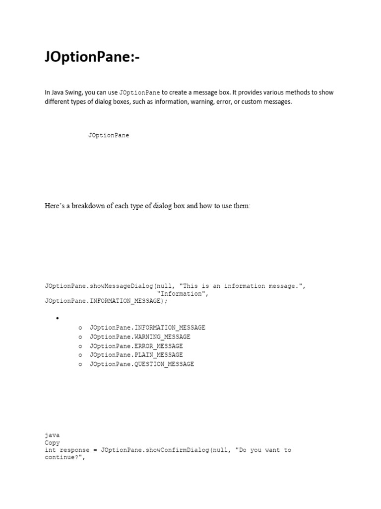 Java Swing JOptionPane Dialogs Guide | PDF | Computer Programming ...