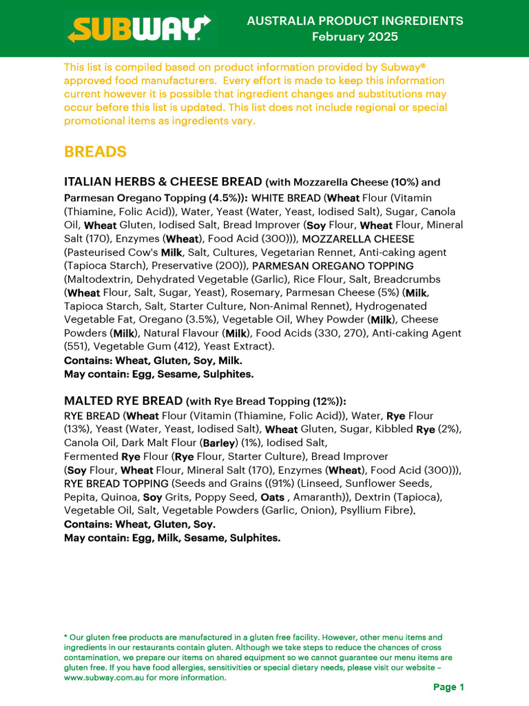 Subway Australia Gluten-Free Ingredients | PDF | Breads | Flour