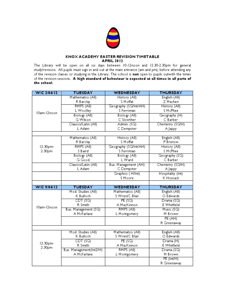 Knox Academy Easter Revision Timetable | PDF