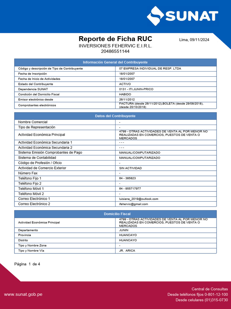 Ficha Ruc Inv. Fehervic Eirl Actualizado | PDF | Industrias de servicio ...