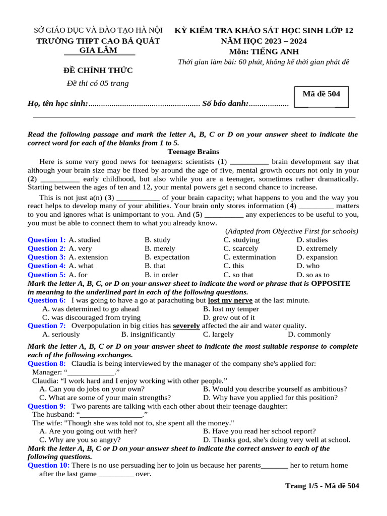 English Test for 12th Graders 2023 | PDF | Adolescence | Question
