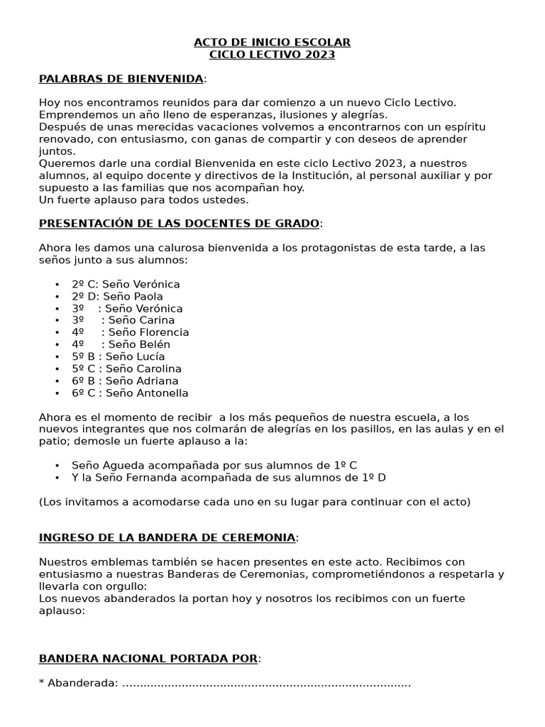 Acto de Inicio Ciclo Escolar 2023 | PDF