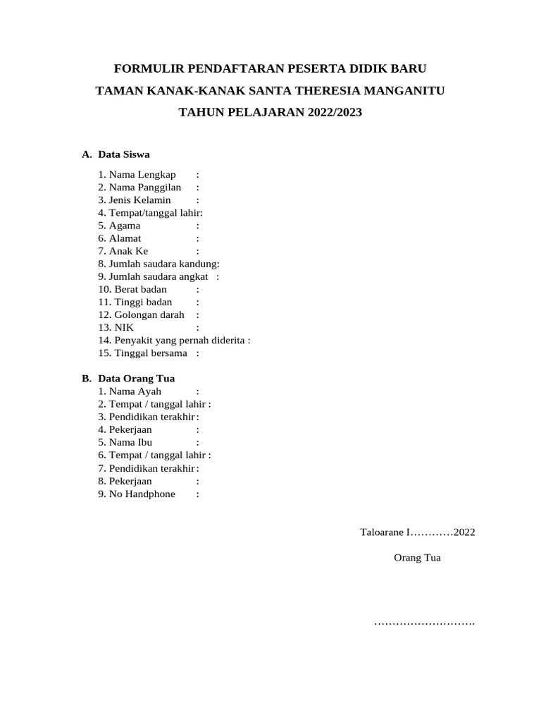 Formulir Pendaftaran Peserta Didik Baru Pdf