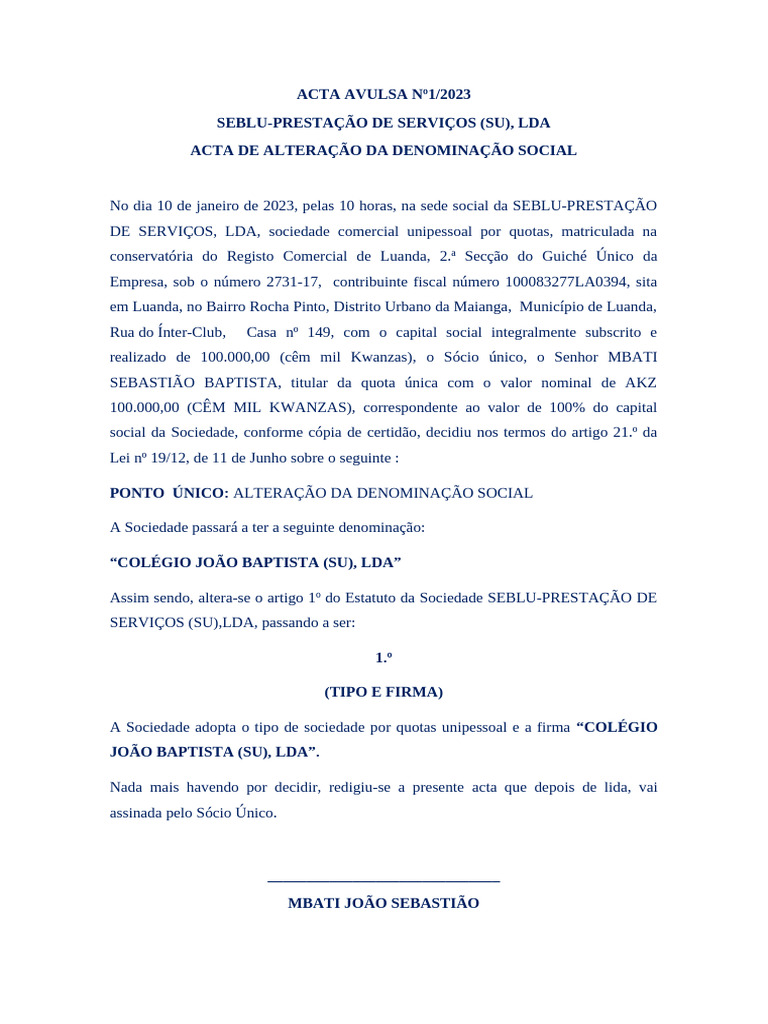 Alteração da Denominação Social da SEBLU | PDF