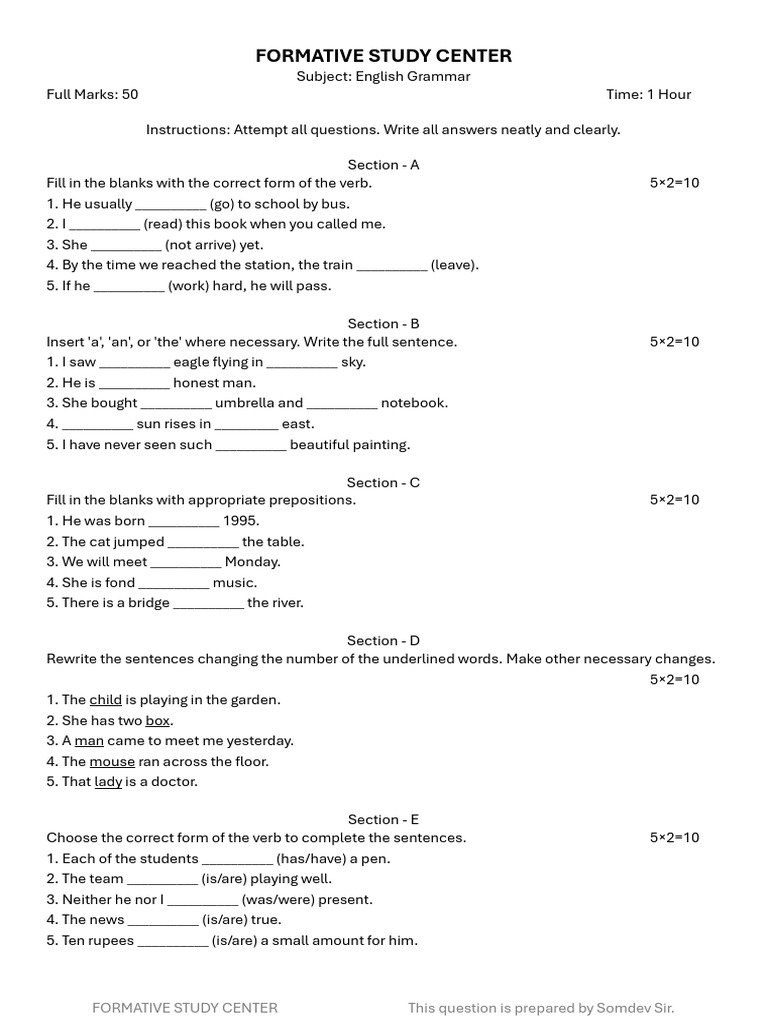 English Grammar Practice Questions | PDF | English Grammar | Linguistic ...