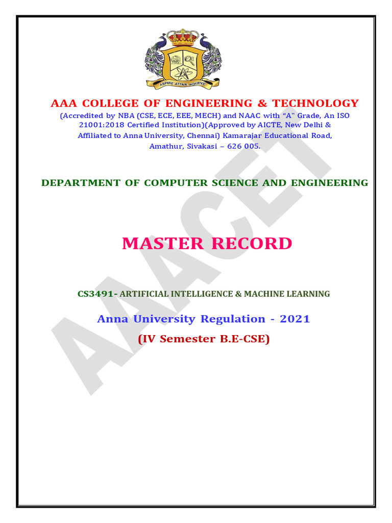 CS3491 AI & ML Master Record | PDF | Queue (Abstract Data Type ...
