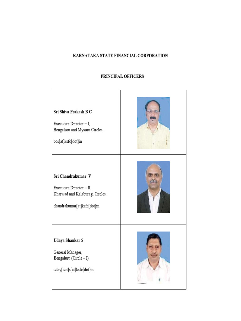 KSFC Dharwad Principal Officers List | PDF
