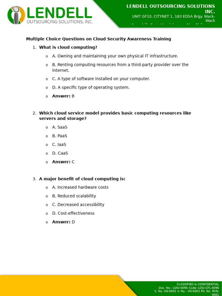 Information Security For Cloud Services Awareness Training - QUIZ | PDF ...