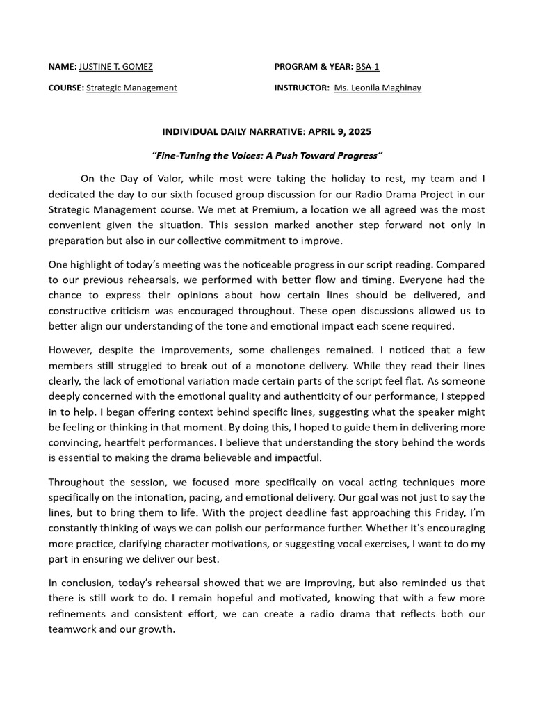 Individual Daily Narrative April 9, 2025 | PDF | Strategic Management ...