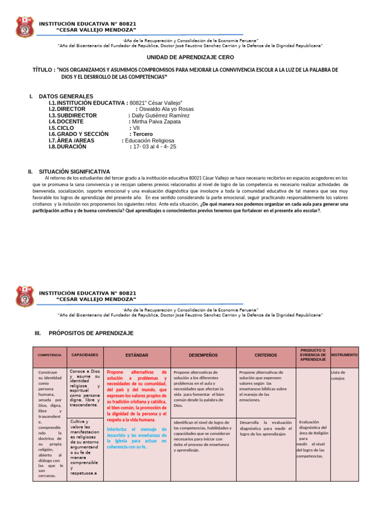 UNIDAD DE APRENDIZAJE CER0 TERCER GRADO | PDF | Evaluación | Aprendizaje
