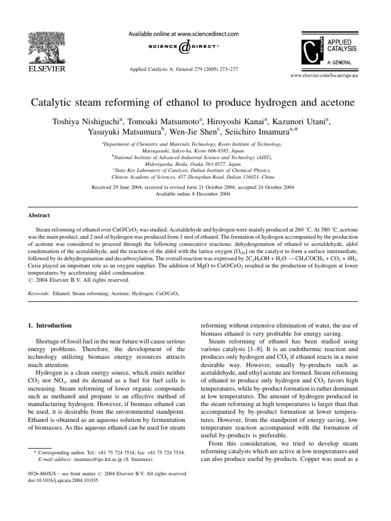 Catalytic Steam Reforming of Ethanol To Produce Hydrogen and Acetone ...