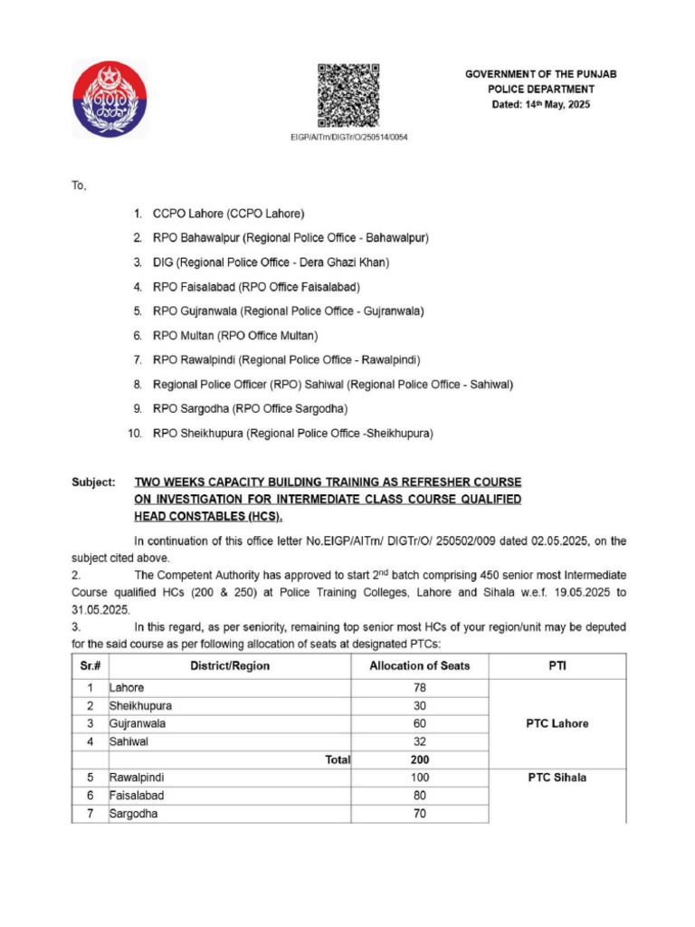 Letter To CCPO and All RPOs (Course For HCS) | PDF