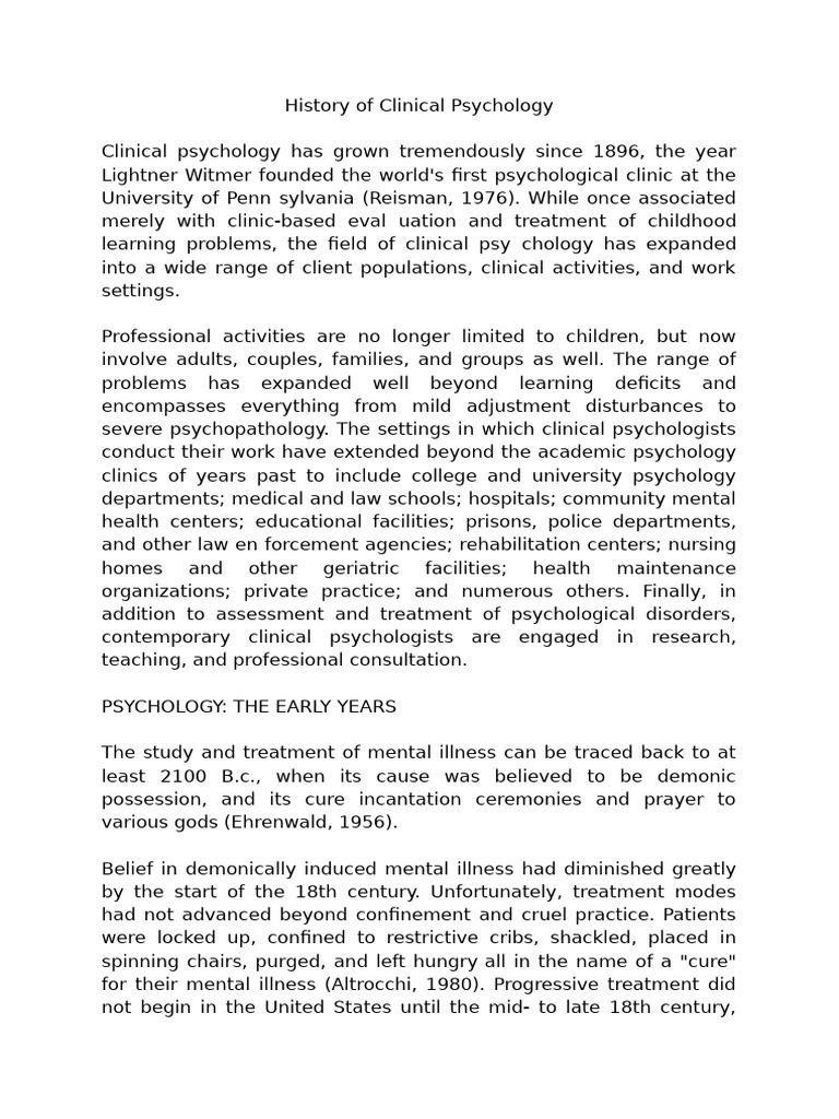 History of Clinical Psychology | PDF | Psychology | Clinical Psychology