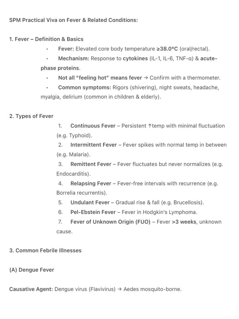 SPM Practical Viva: Fever Overview | PDF | Fever | Diseases And Disorders