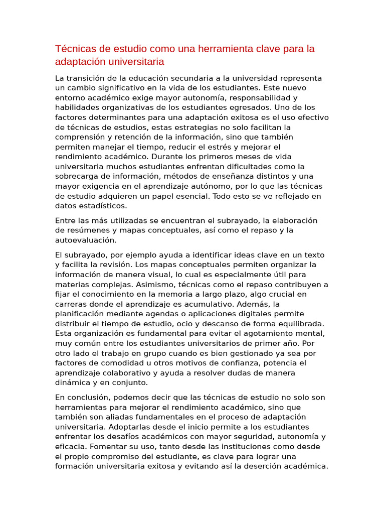 Técnicas de Estudio para Adaptación Universitaria | PDF | Habilidades ...