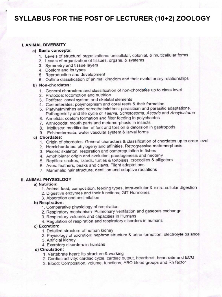 Syllabus For The Post of Lecturer Zoology in School Education ...
