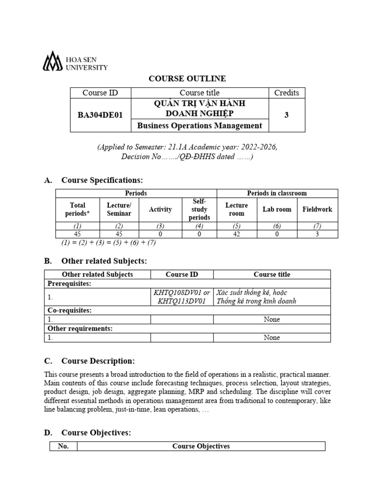 Operations Management Course Outline | PDF | Academic Integrity ...