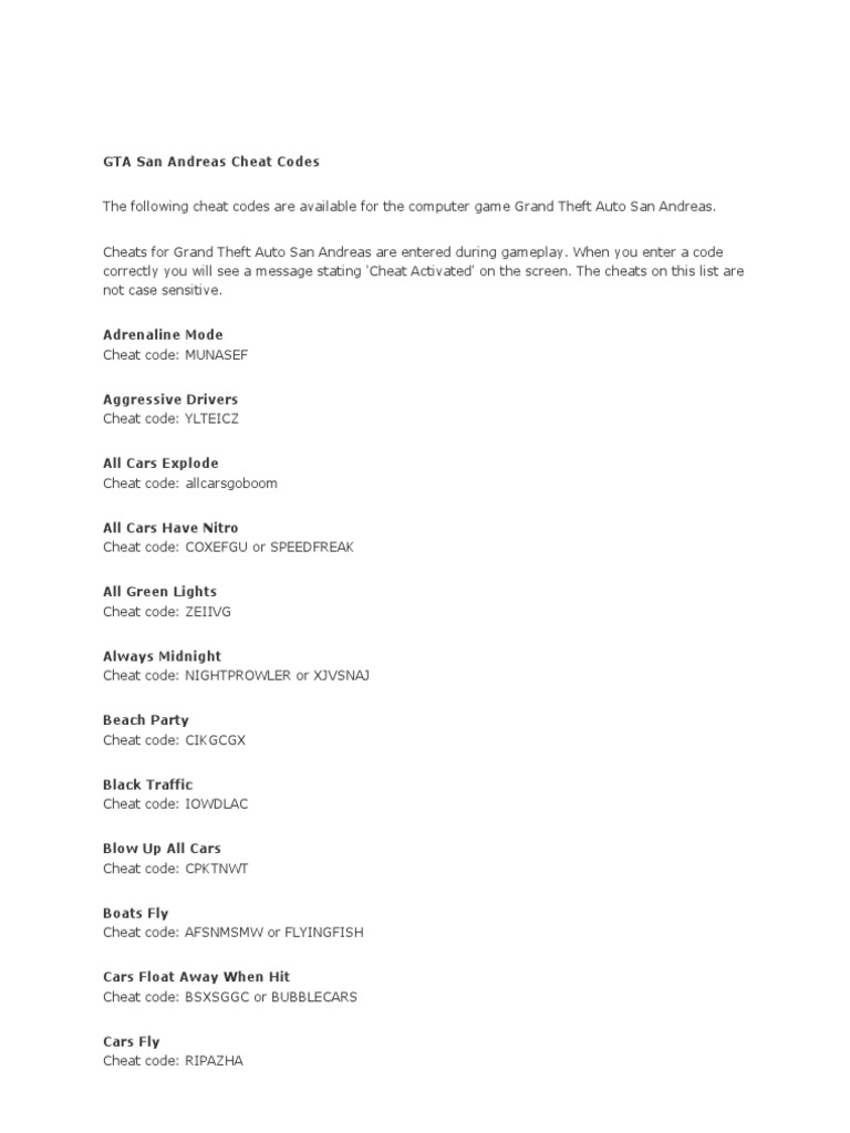 GTA San Andreas Cheat Codes | PDF | Cheating In Video Games ...