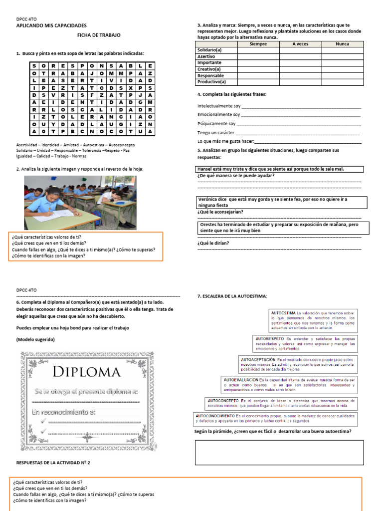 Ficha de Trabajo: Autoestima e Identidad | PDF | Sicología | Psicología ...