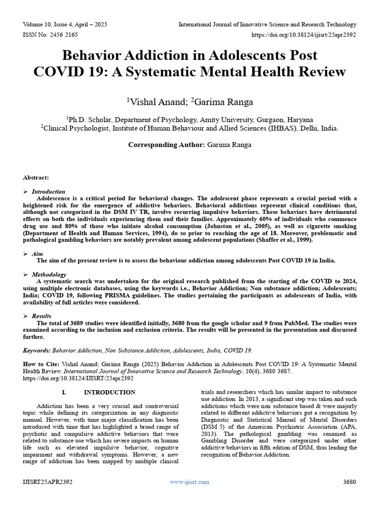 Behavior Addiction in Adolescents Post COVID 19: A Systematic Mental ...