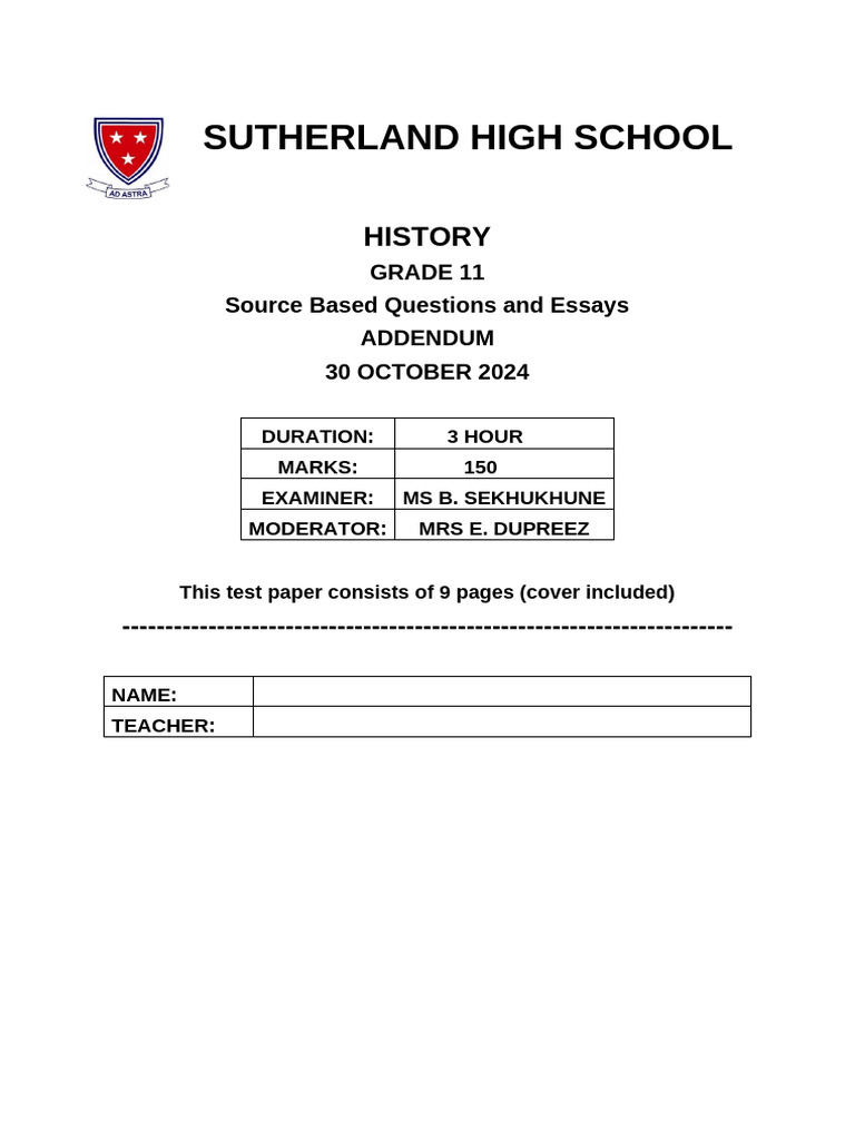Sutherland High Grade 11 History Exam | PDF | Vladimir Lenin | Nazi Germany