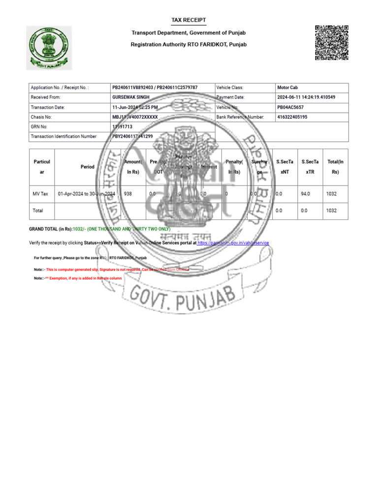 Tax Receipt Transport Department, Government of Punjab Registration ...