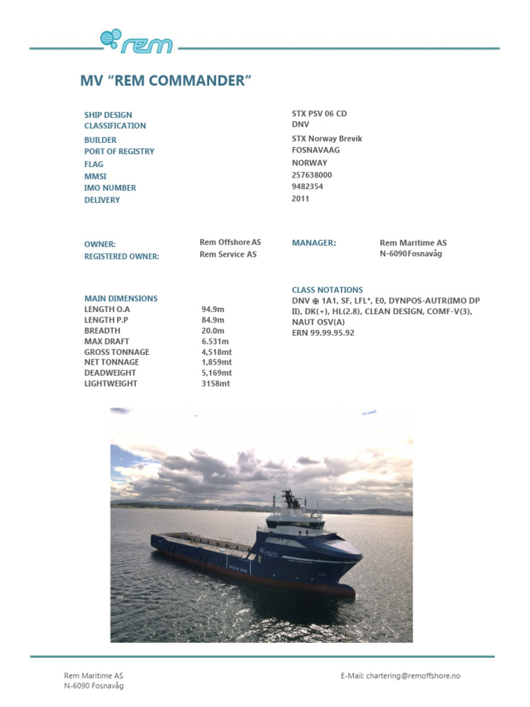 Specifications of MV REM COMMANDER | PDF | Shipping | Water Transport