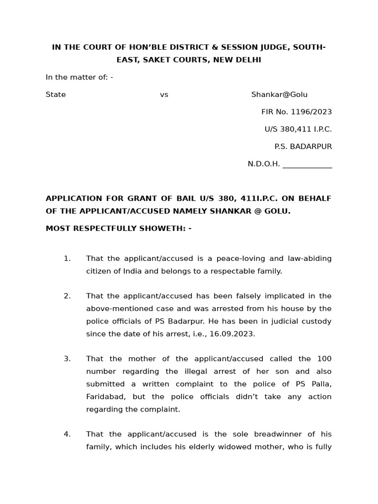 Bail Application of Shankar | PDF | Bail | Arrest